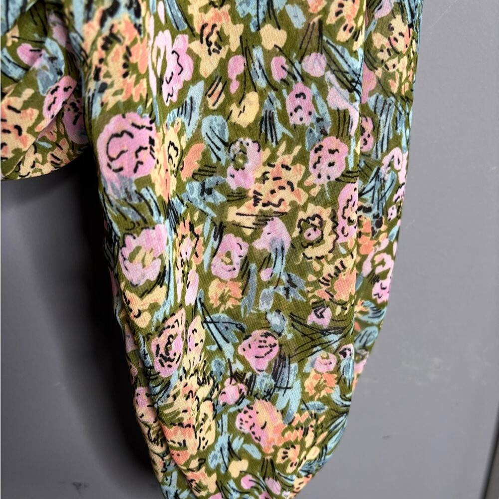Free People Green Pink Floral Long Sleeve Cinched Blouse Back Cutout S - Picture 4 of 7